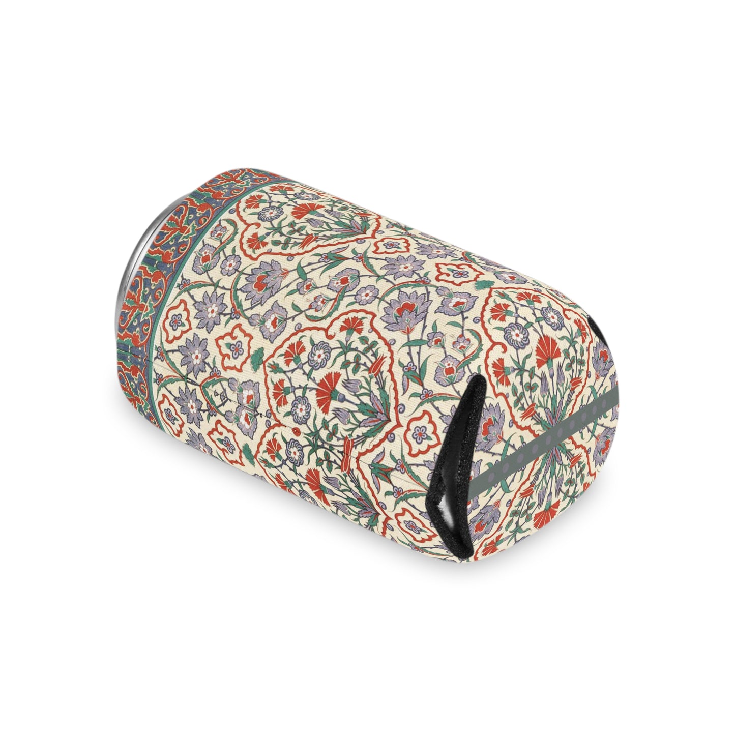 A can cooler with a geometric floral pattern in shades of lavender, red, green, and beige. The can is lying on its side with the bottom of the cooler facing the camera.