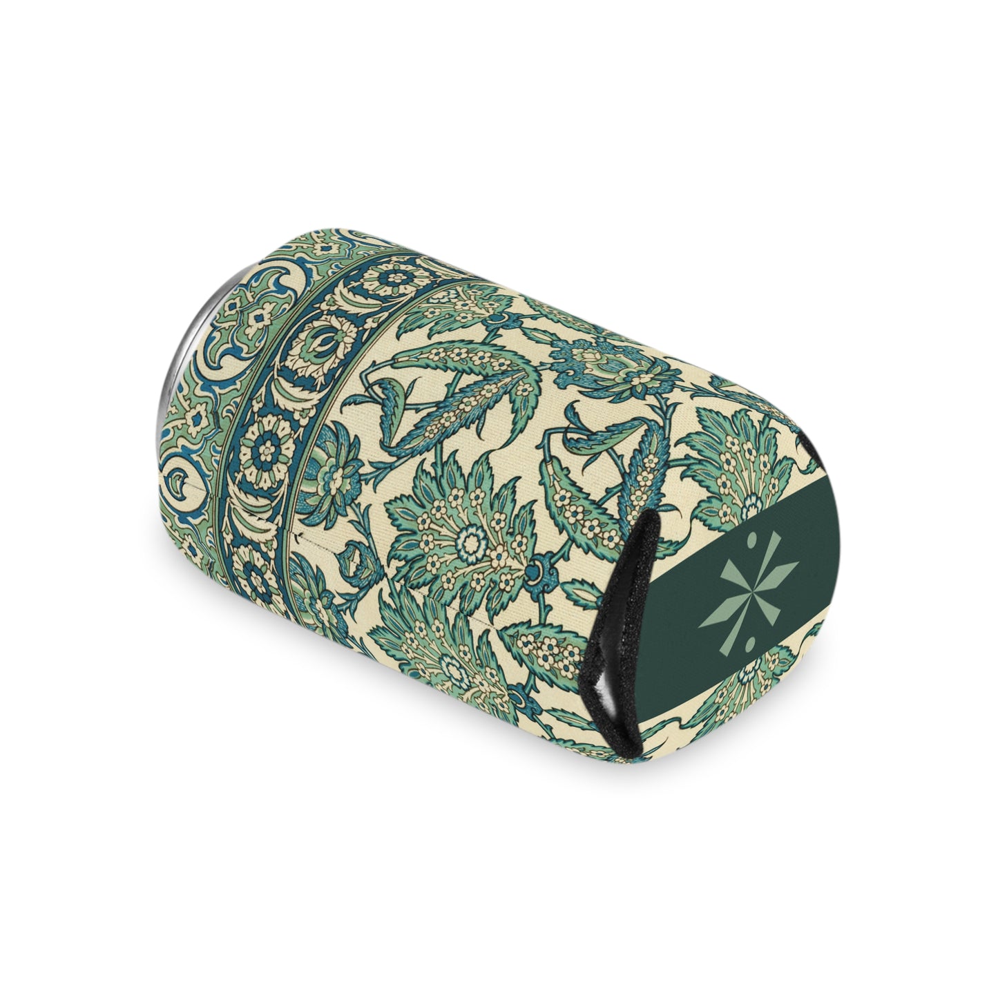 A can cooler with a geometric floral pattern in shades of green, beige, and blue. The can is lying on its side with the bottom facing the camera. The can is lying on its side with the bottom of the cooler facing the camera.