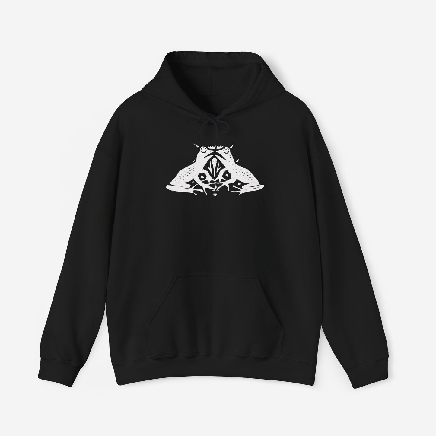 A black hoodie with a white, art noveau style print of two frogs facing each other. The frogs are mirror images of each other.