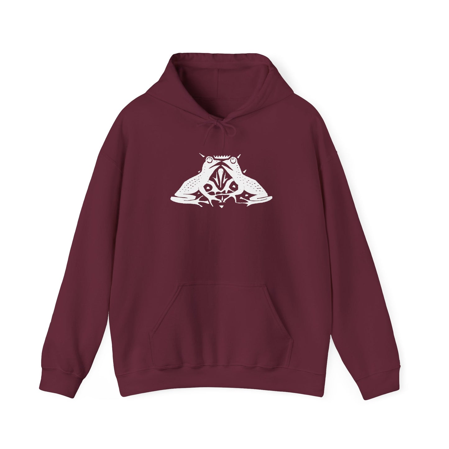 A maroon hoodie with a white, art noveau style print of two frogs facing each other. The frogs are mirror images of each other.