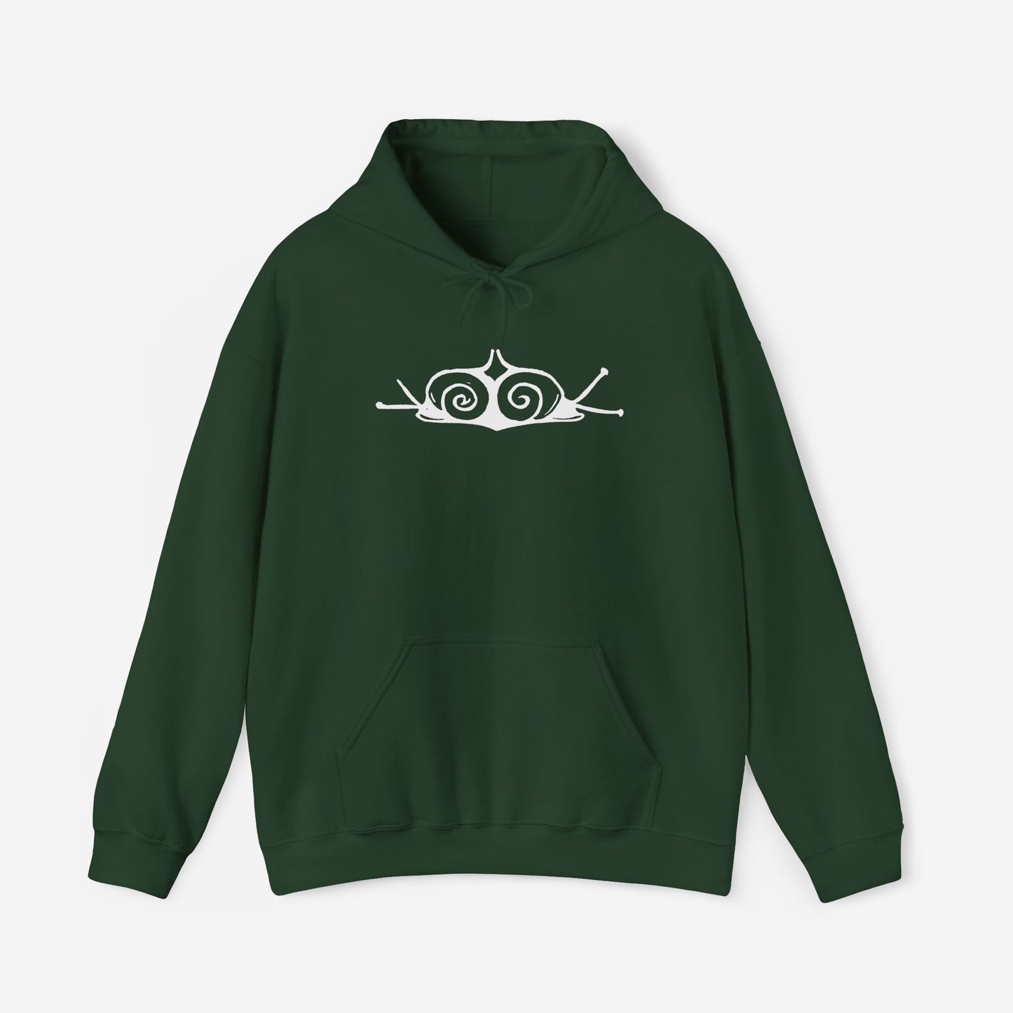 A forest green hoodie with a white, art noveau style print of two snails facing away from each other. The snails are mirror images of each other and slightly overlap in the middle of the design.