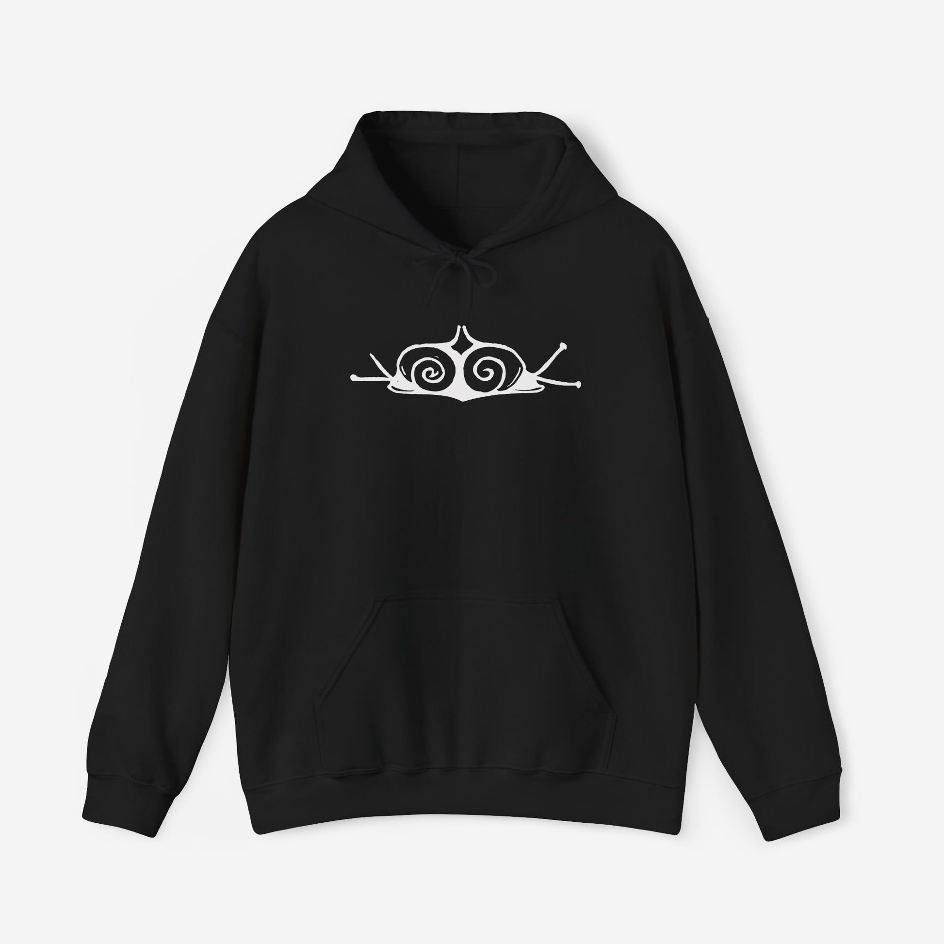 A black hoodie with a white, art noveau style print of two snails facing away from each other. The snails are mirror images of each other and slightly overlap in the middle of the design.