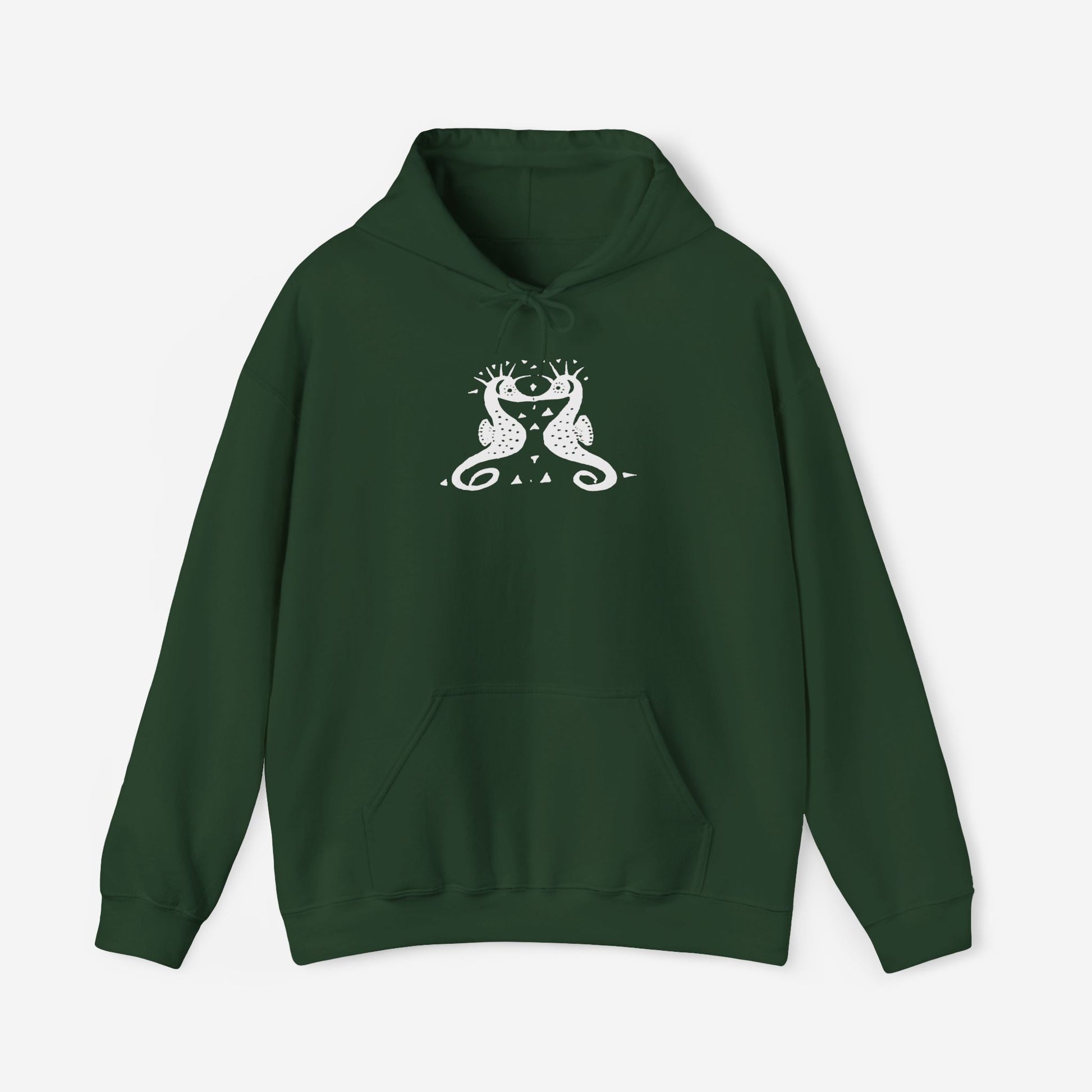 A forest green hoodie with a white, art noveau style print of two seahorses facing each other. The seahorses are mirror images of each other.