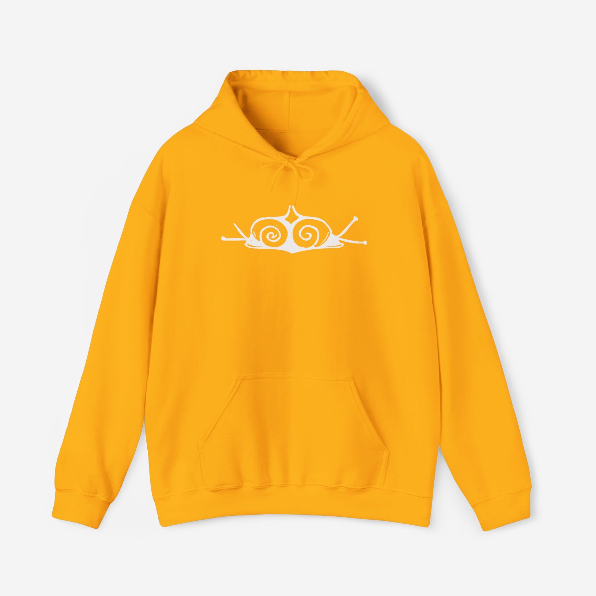 A deep yellow hoodie with a white, art noveau style print of two snails facing away from each other. The snails are mirror images of each other and slightly overlap in the middle of the design.