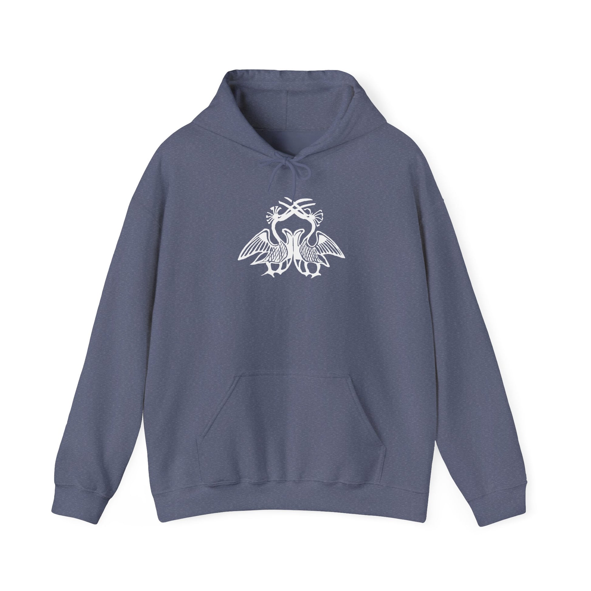 A heather navy hoodie with a white, art noveau style print of two birds standing face-to-face. The birds are mirror images of each other and their long beaks cross at the top of the design.
