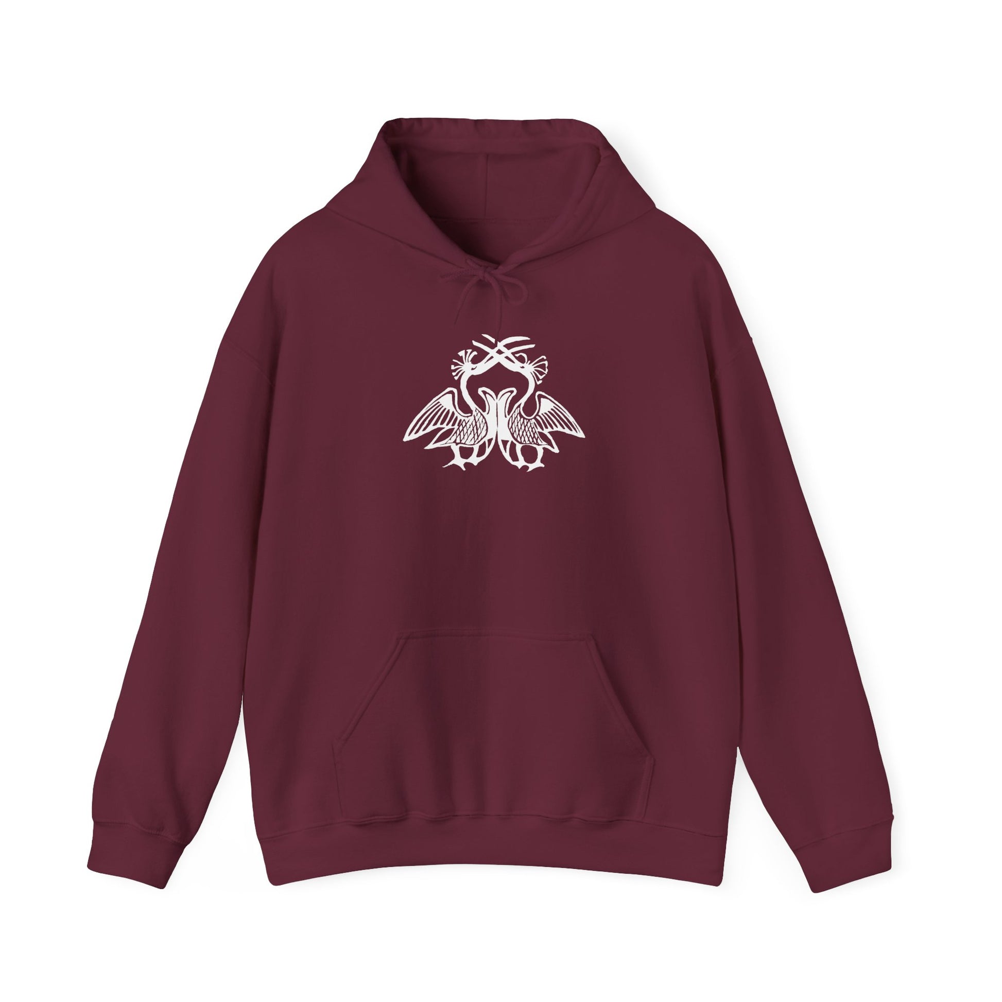 A maroon hoodie with a white, art noveau style print of two birds standing face-to-face. The birds are mirror images of each other and their long beaks cross at the top of the design.