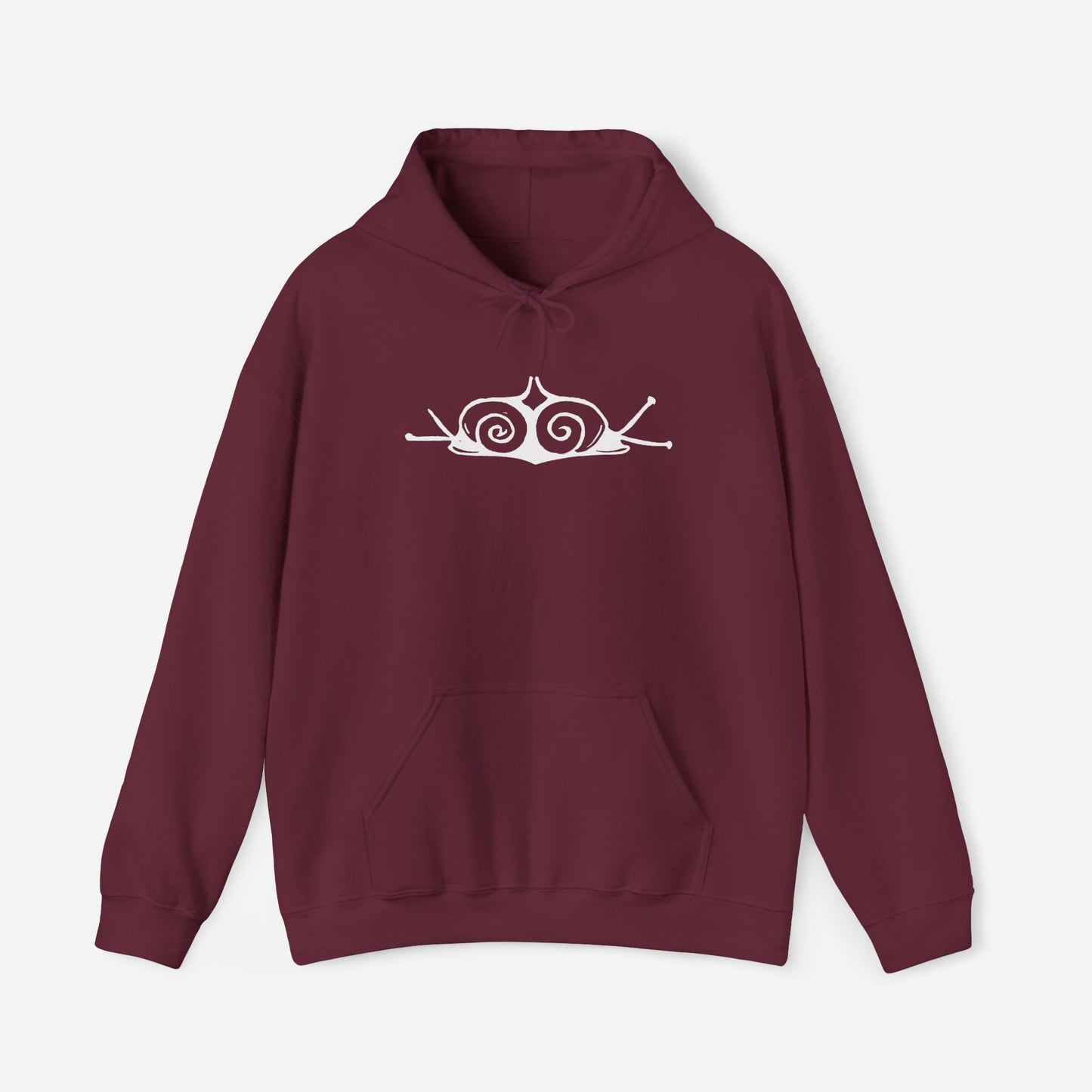 A maroon hoodie with a white, art noveau style print of two snails facing away from each other. The snails are mirror images of each other and slightly overlap in the middle of the design.