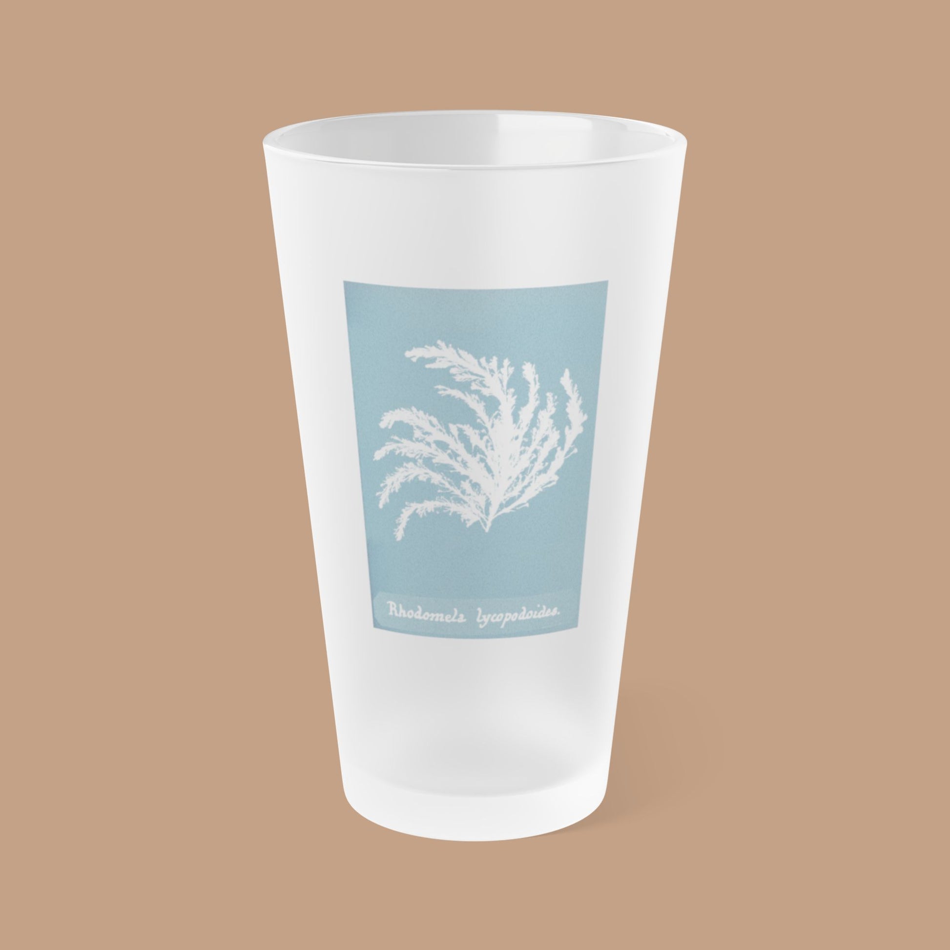 Frosted pint glass featuring Anna Atkins' cyanotype of Rhodomela Lycopodioides from the Sumac and Pine Blueprints from the Sea collection