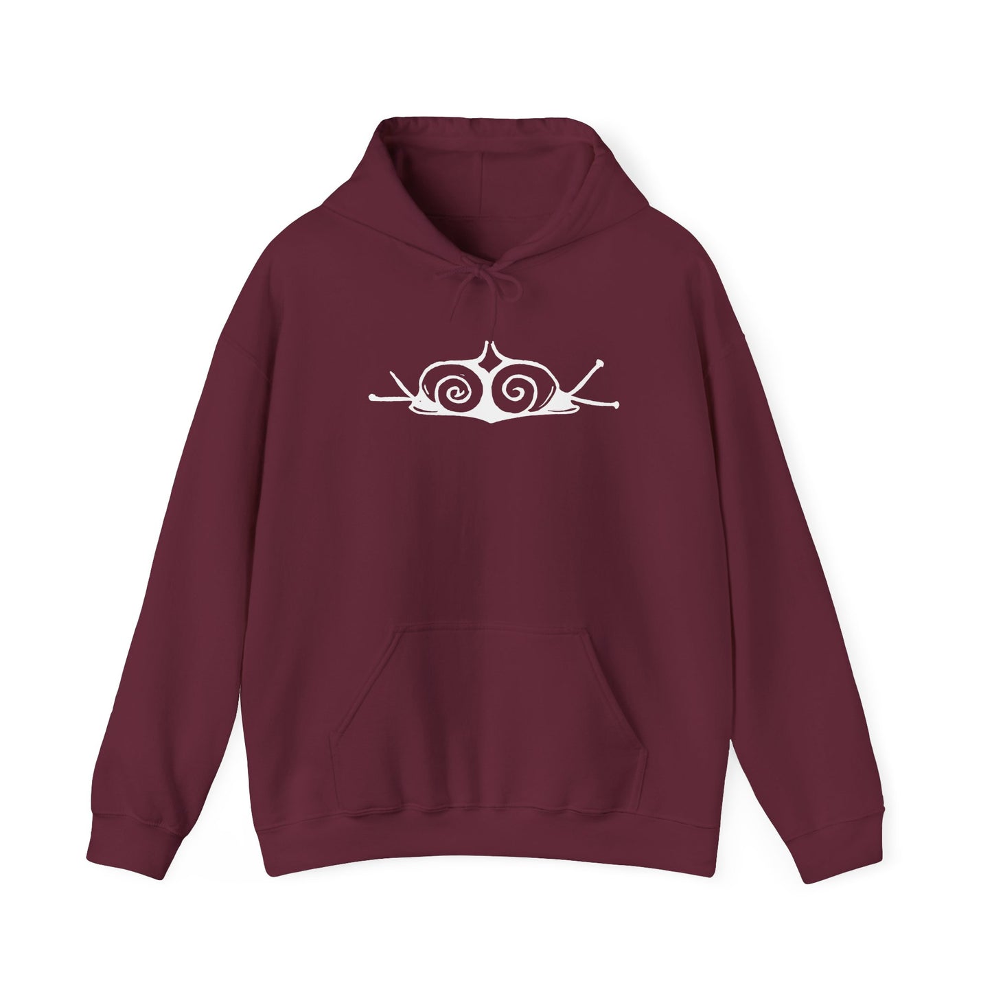 A maroon hoodie with a white, art noveau style print of two snails facing away from each other. The snails are mirror images of each other and slightly overlap in the middle of the design.