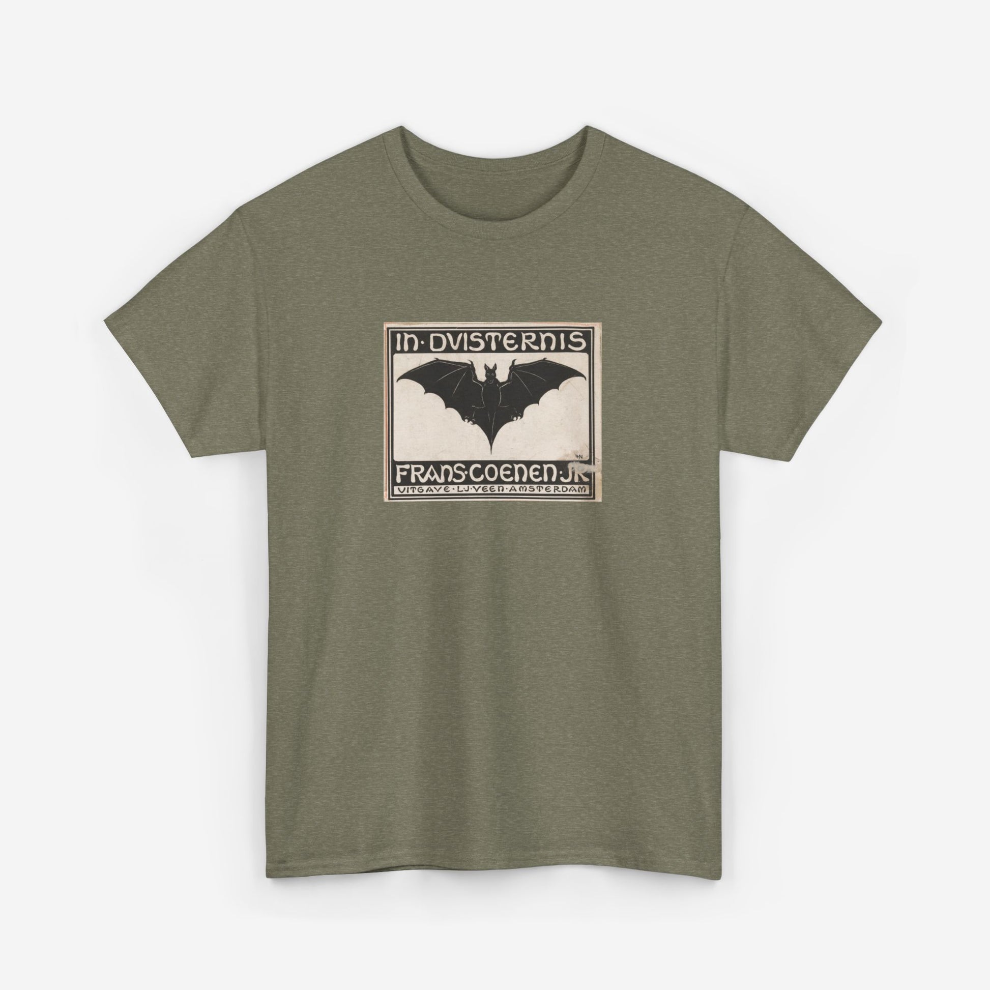 A heathered, military green t-shirt printed with a vintage Dutch advertisement which features a large drawing of a bat.