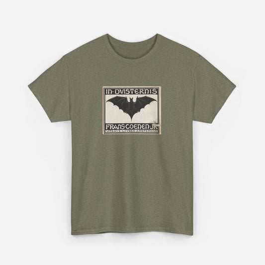 A heathered, military green t-shirt printed with a vintage Dutch advertisement which features a large drawing of a bat.