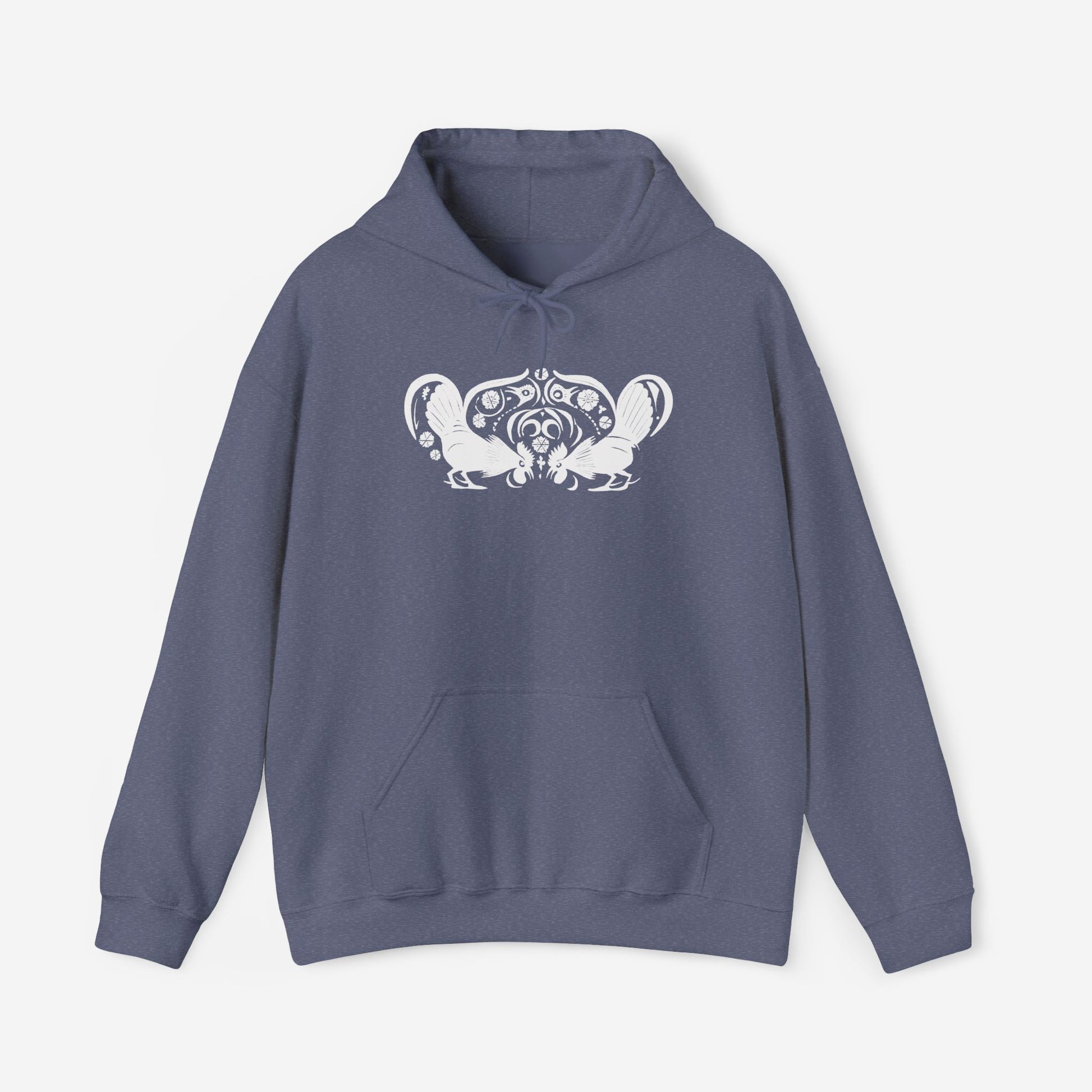 A heather navy hoodie with a white, art noveau style print of two roosters crouching face-to-face. The roosters are mirror images of each other and a symmetrical pattern arches between them.