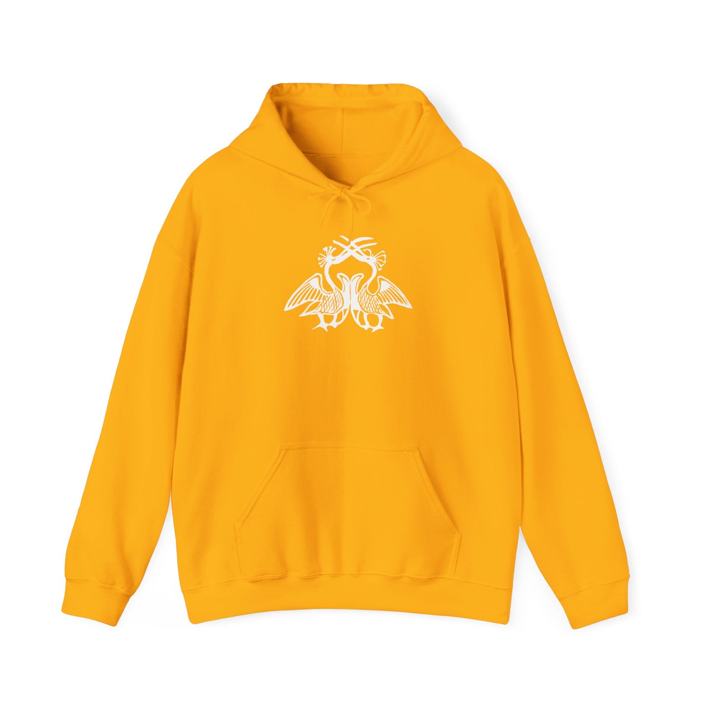 A deep yellow hoodie with a white, art noveau style print of two birds standing face-to-face. The birds are mirror images of each other and their long beaks cross at the top of the design.