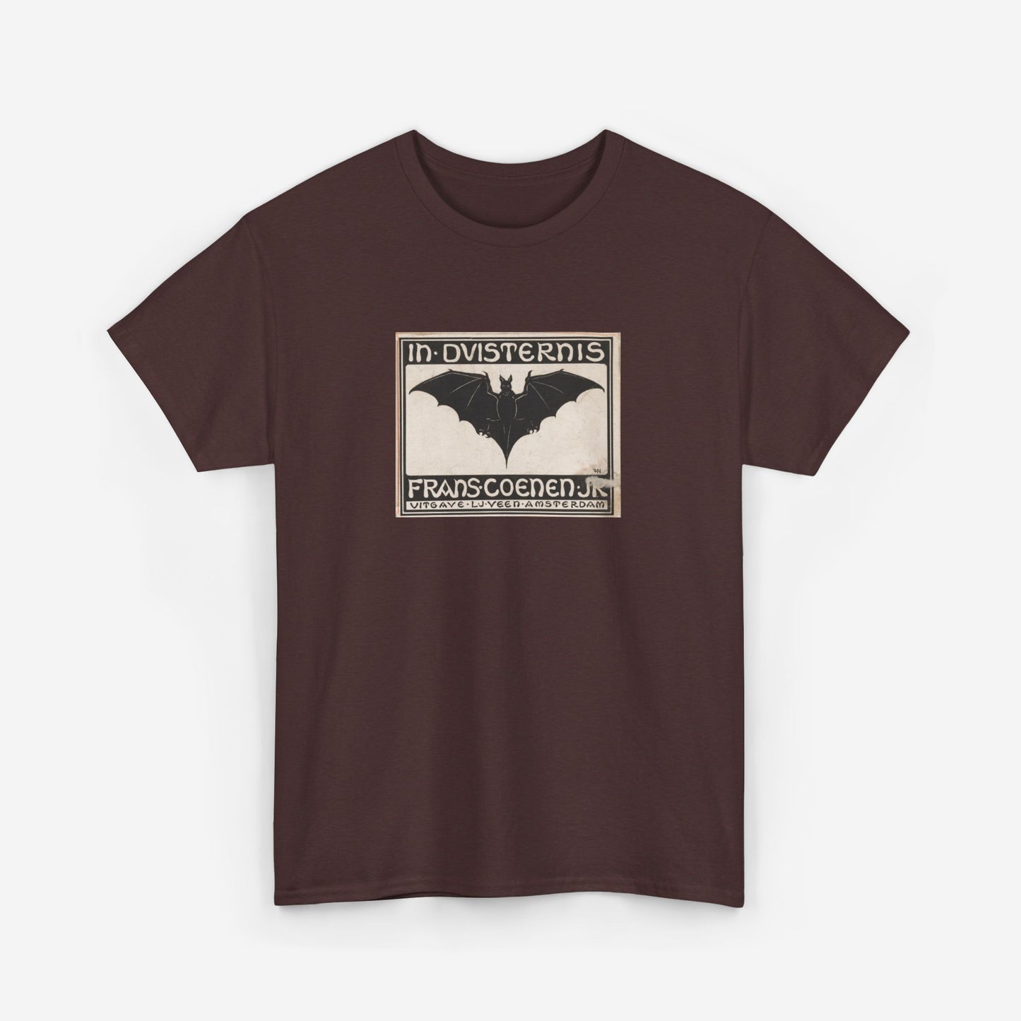 A russet colored t-shirt printed with a vintage Dutch advertisement which features a large drawing of a bat.