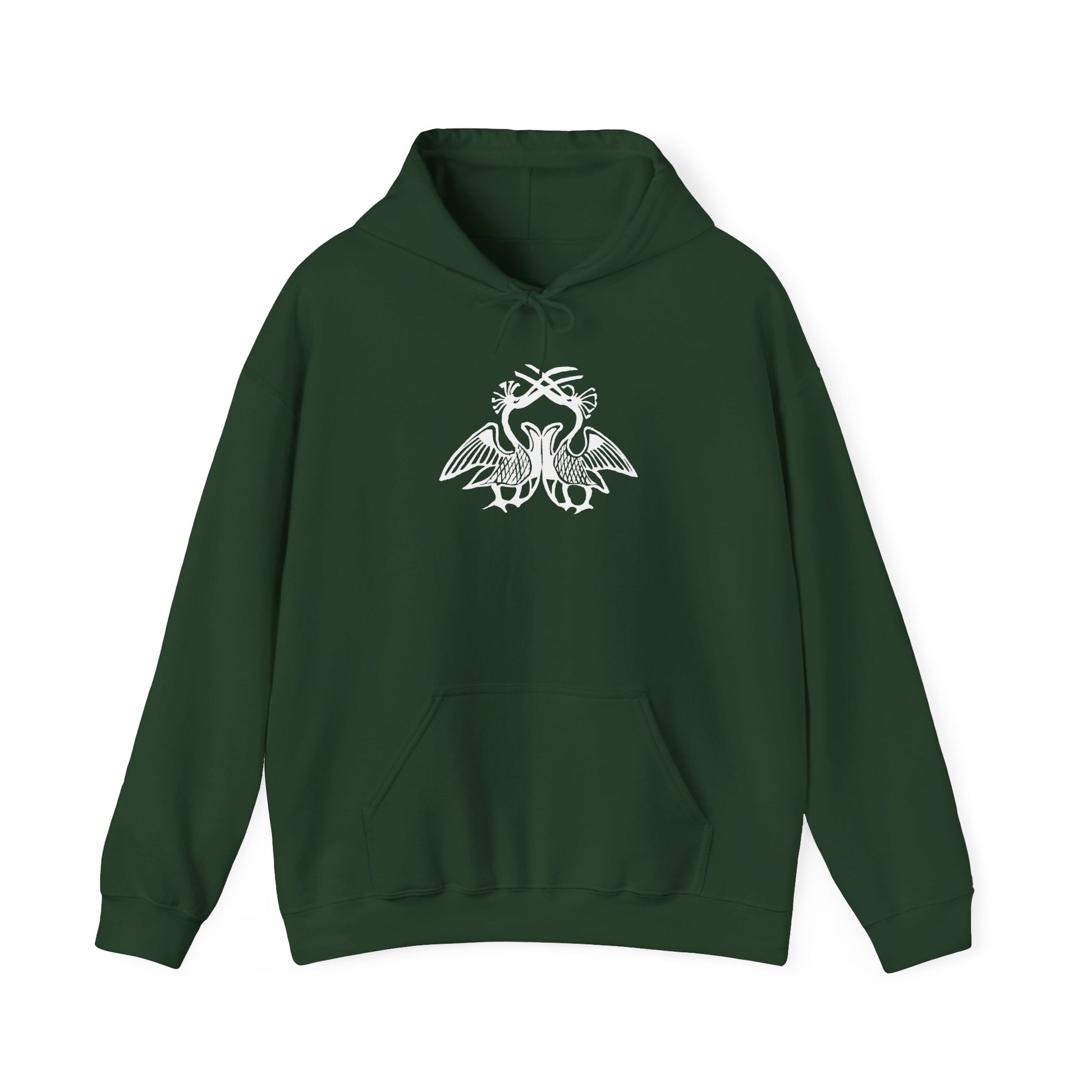 A forest green hoodie with a white, art noveau style print of two birds standing face-to-face. The birds are mirror images of each other and their long beaks cross at the top of the design.