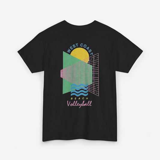 The back of a black t shirt with a large, brightly colored graphic featuring bold geometric designs. Text on the shirt reads West Coast Beach Volleyball.