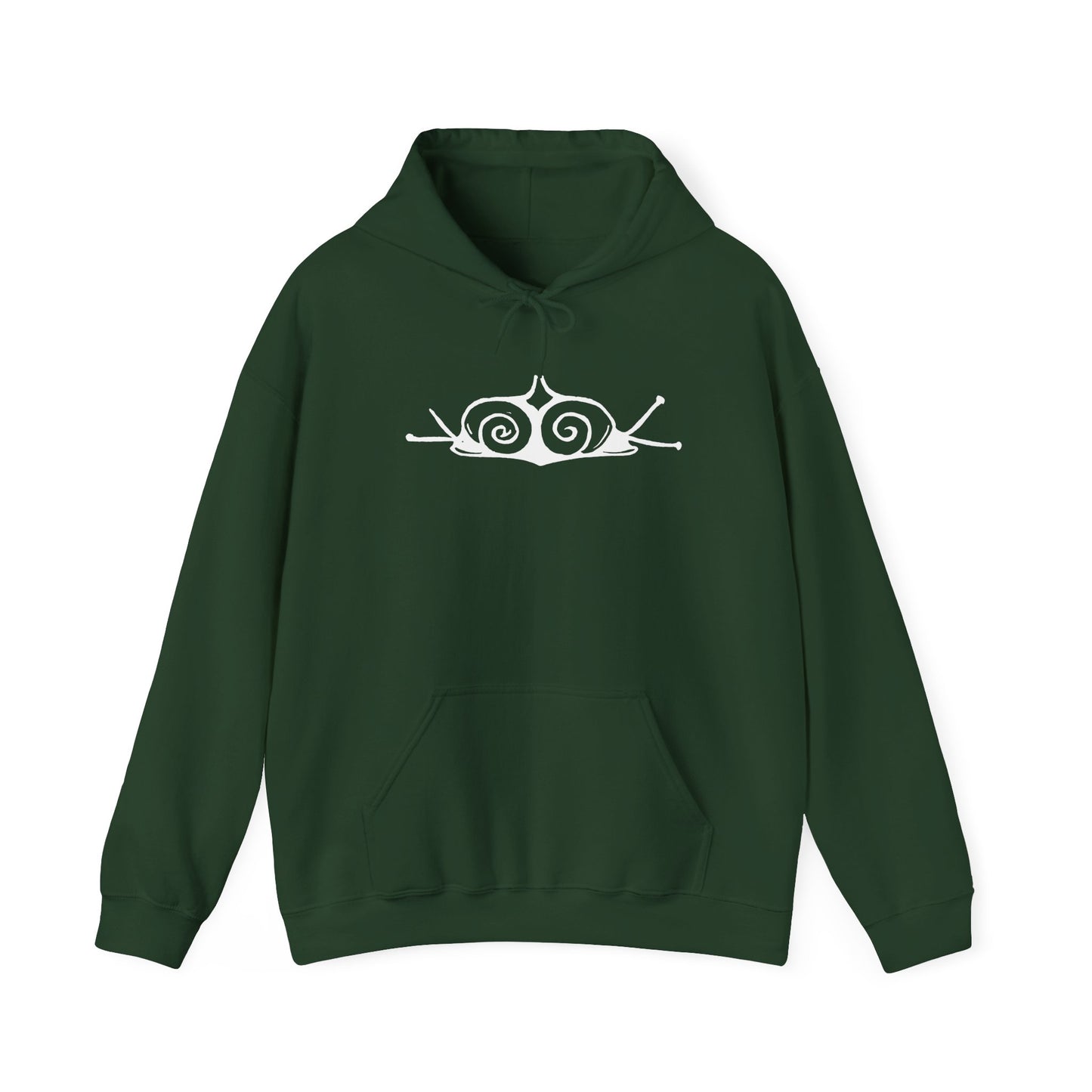 A forest green hoodie with a white, art noveau style print of two snails facing away from each other. The snails are mirror images of each other and slightly overlap in the middle of the design.