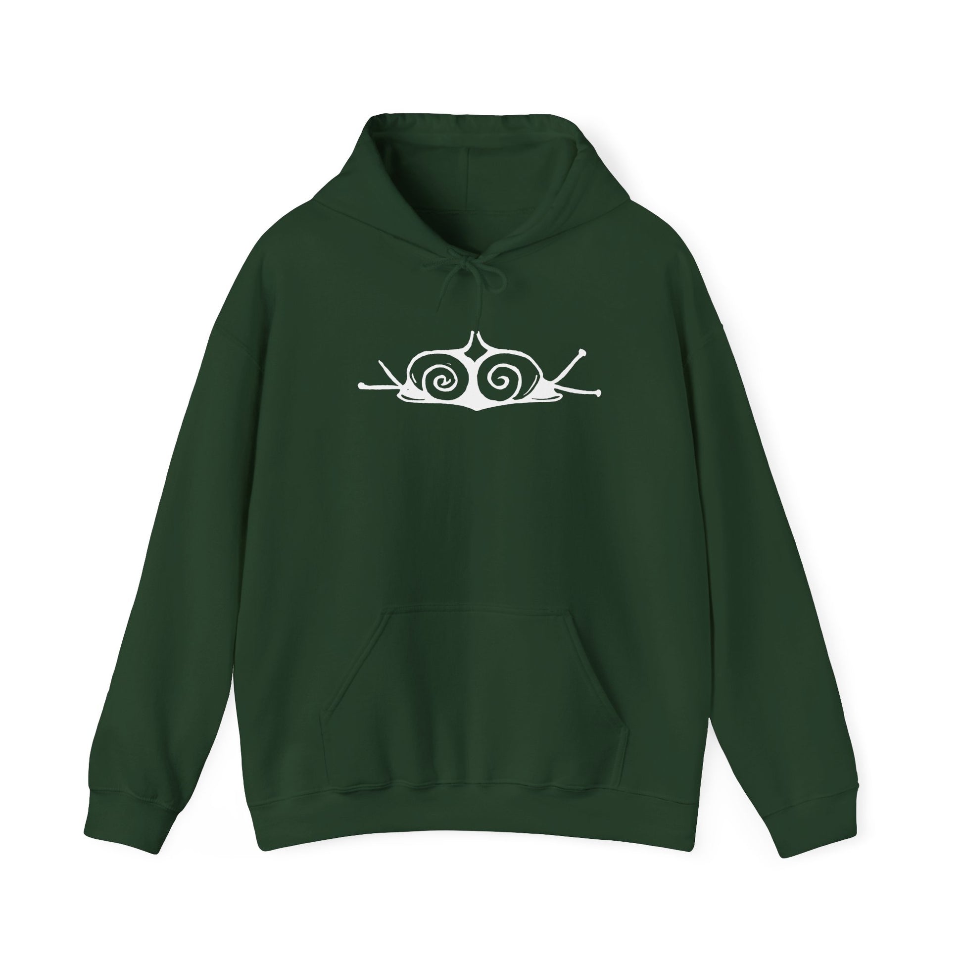 A forest green hoodie with a white, art noveau style print of two snails facing away from each other. The snails are mirror images of each other and slightly overlap in the middle of the design.