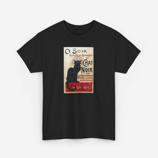 A black t-shirt printed with an Art Nouveau style poster for Le Chat Noir which prominently features a black cat.