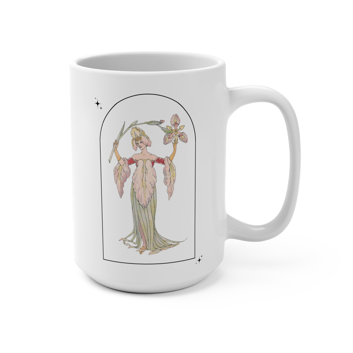 A white mug featuring a vintage illustration of a woman wearing a dress and crown made of lilies. The woman holds a lily over her head, in an arched shape.