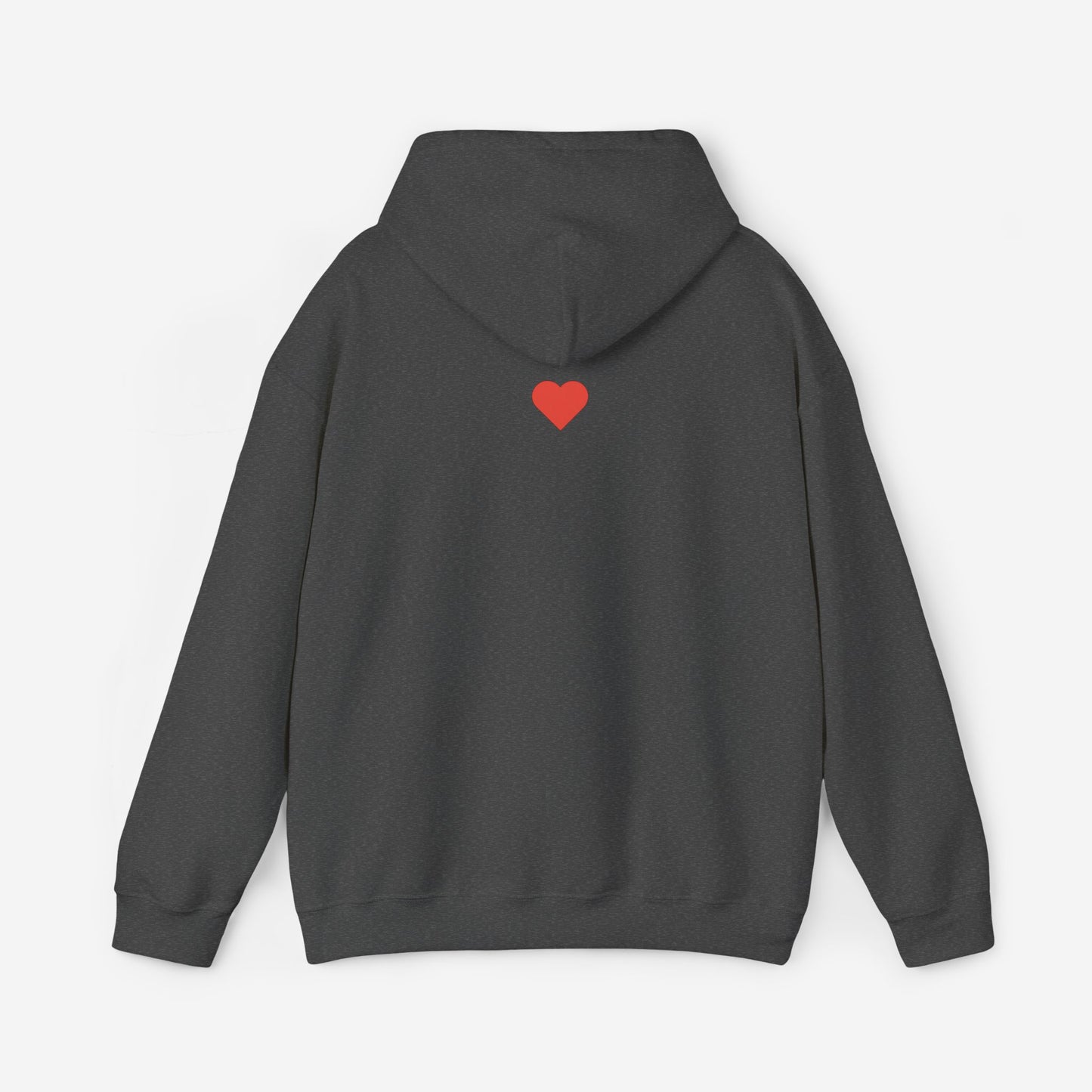 The back of a black hoodie with a small heart printed in the middle, just below the hood.