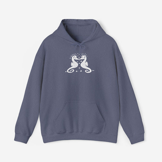 A heather navy hoodie with a white, art noveau style print of two seahorses facing each other. The seahorses are mirror images of each other.