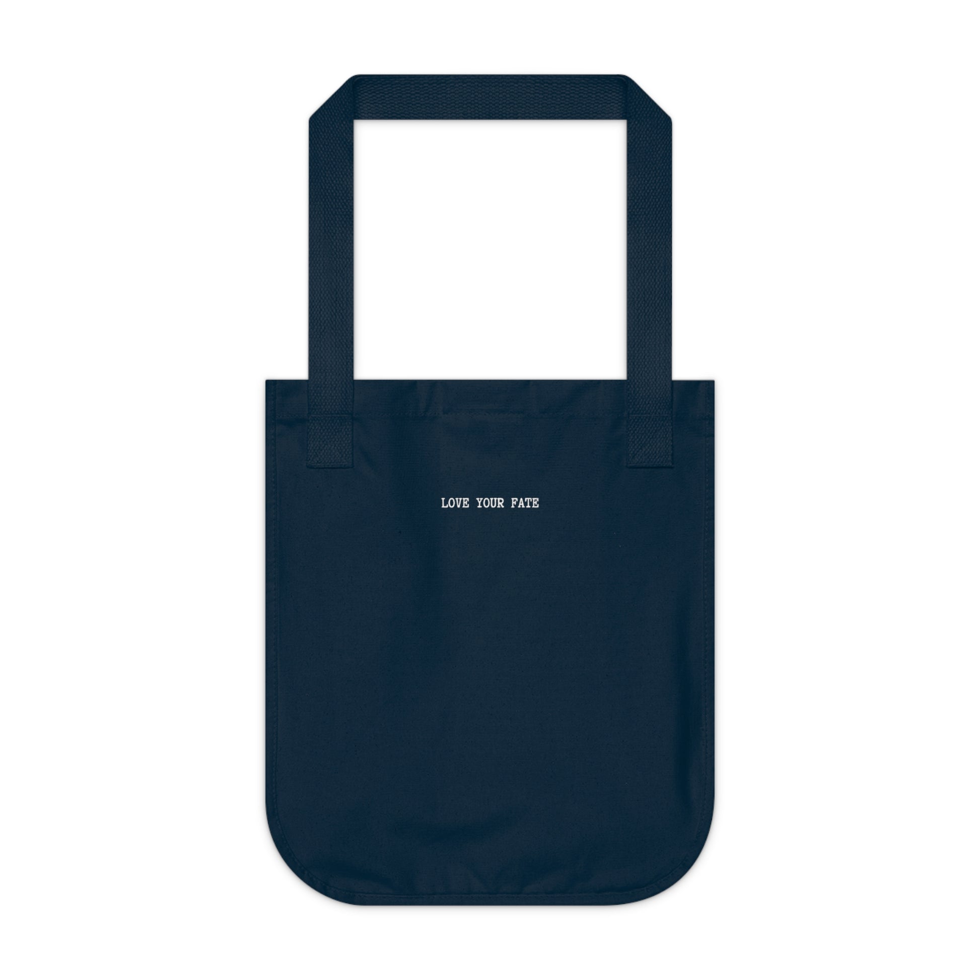 Navy canvas tote bag, back view, with the words "LOVE YOUR FATE" printed in small, white, typewriter-style text across the center.