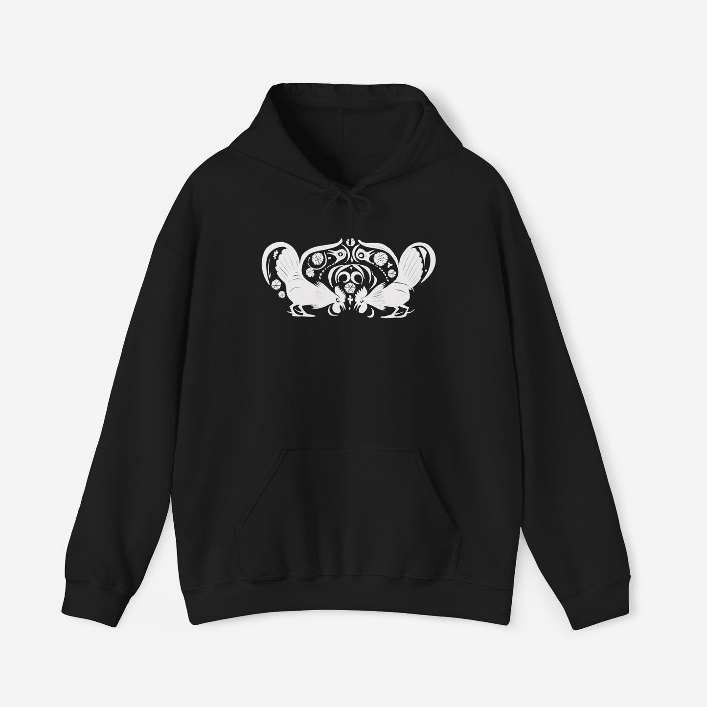 A black hoodie with a white, art noveau style print of two roosters crouching face-to-face. The roosters are mirror images of each other and a symmetrical pattern arches between them.