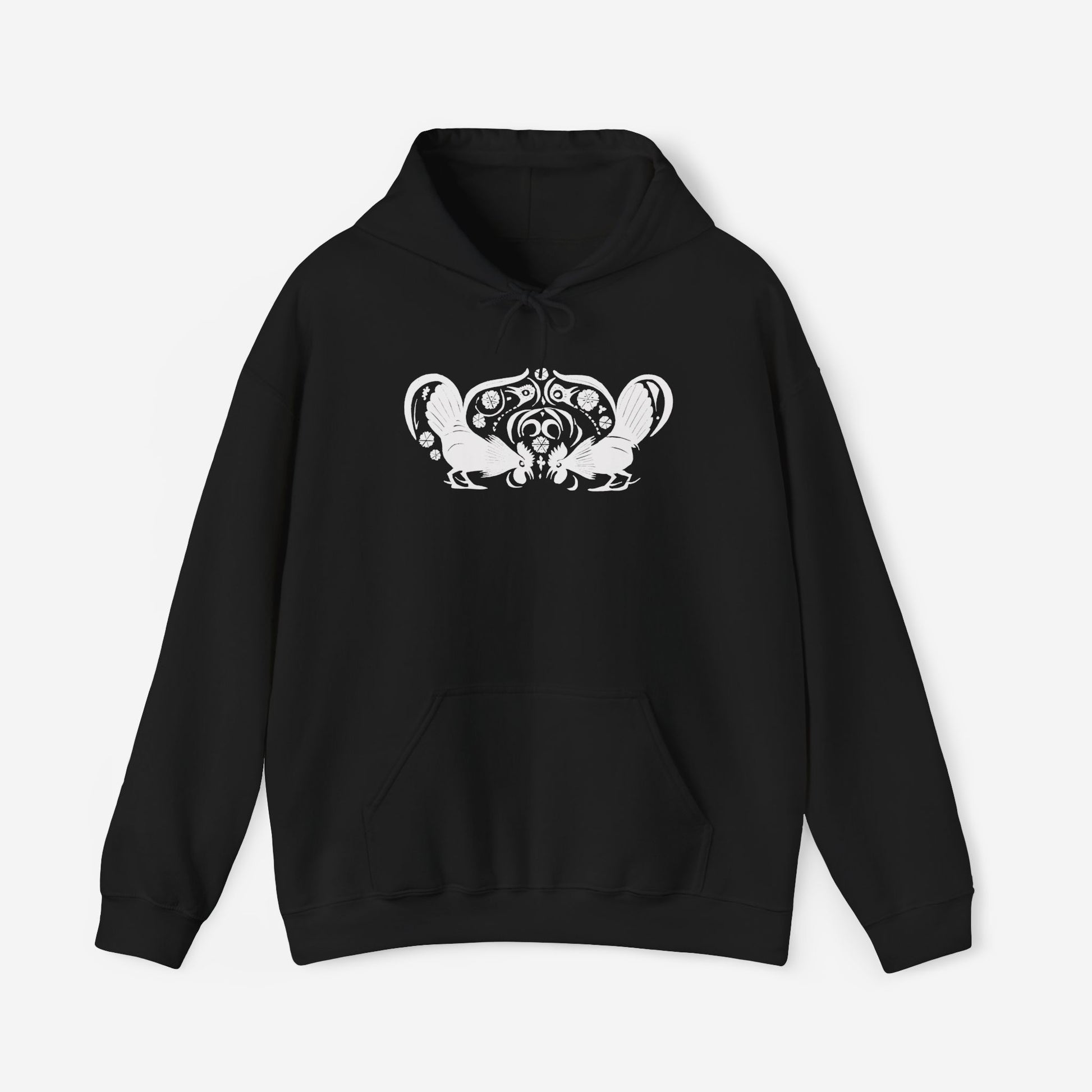 A black hoodie with a white, art noveau style print of two roosters crouching face-to-face. The roosters are mirror images of each other and a symmetrical pattern arches between them.