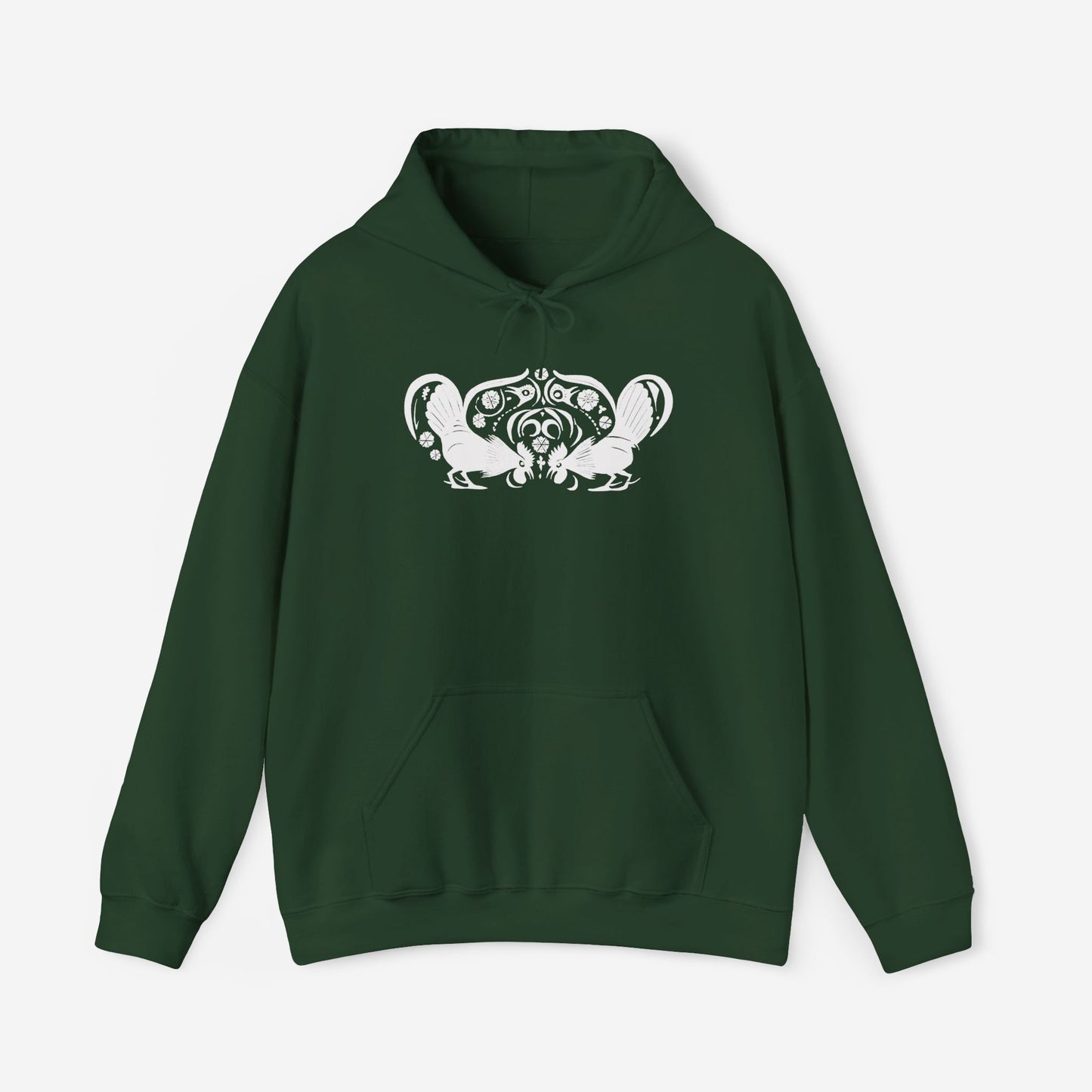 A forest green hoodie with a white, art noveau style print of two roosters crouching face-to-face. The roosters are mirror images of each other and a symmetrical pattern arches between them.