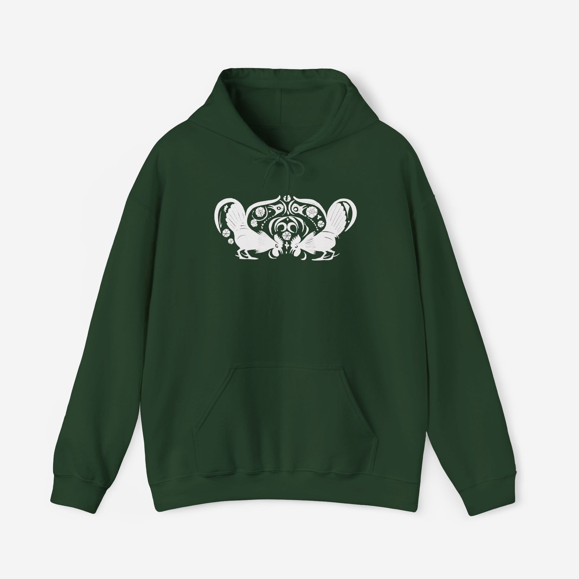 A forest green hoodie with a white, art noveau style print of two roosters crouching face-to-face. The roosters are mirror images of each other and a symmetrical pattern arches between them.