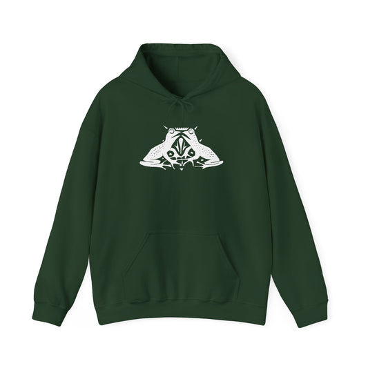 A forest green hoodie with a white, art noveau style print of two frogs facing each other. The frogs are mirror images of each other.