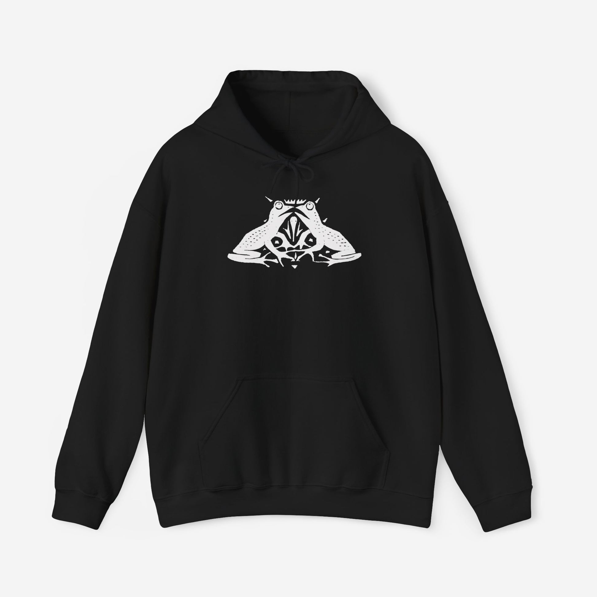 A black hoodie with a white, art noveau style print of two frogs facing each other. The frogs are mirror images of each other.