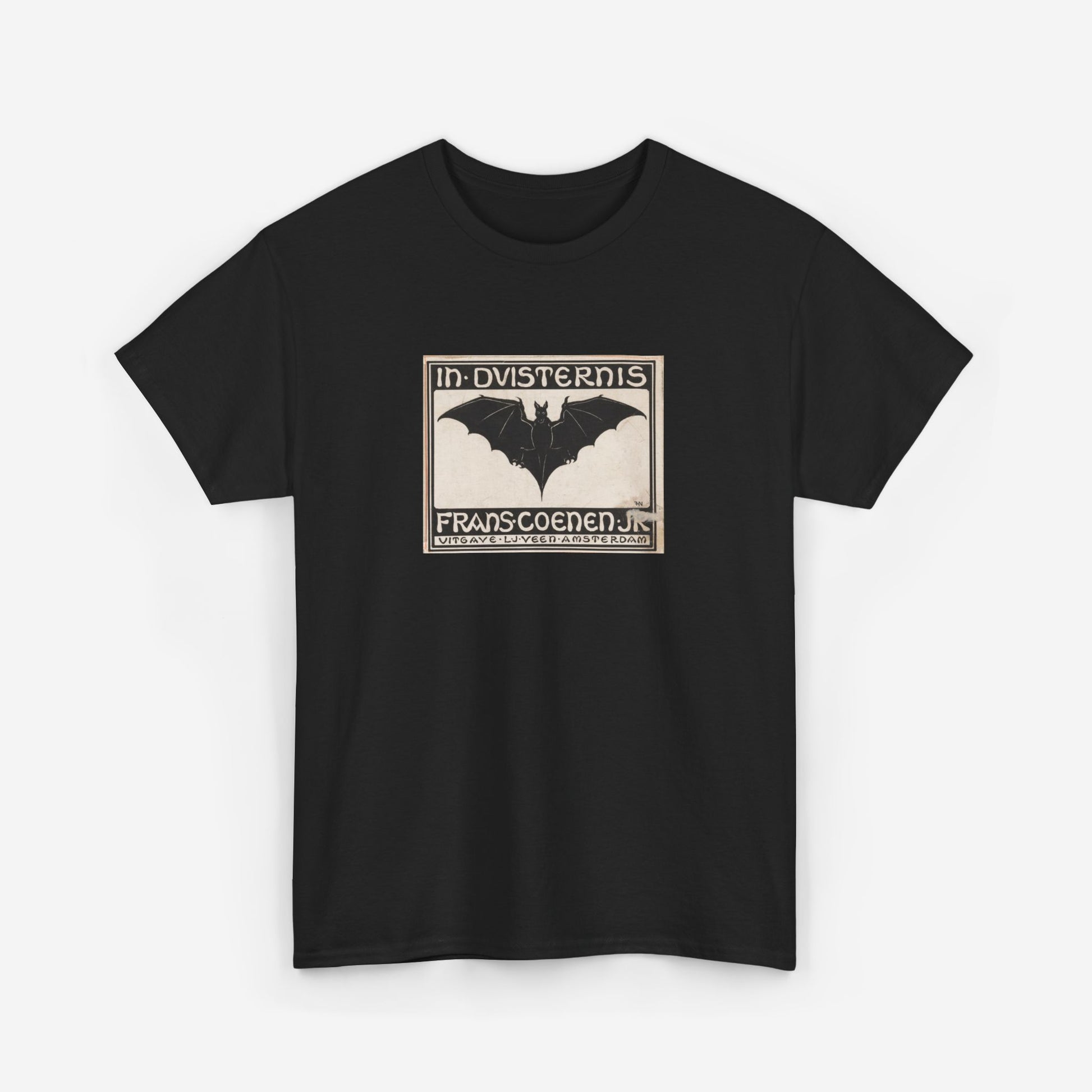 A black t-shirt printed with a vintage Dutch advertisement which features a large drawing of a bat.