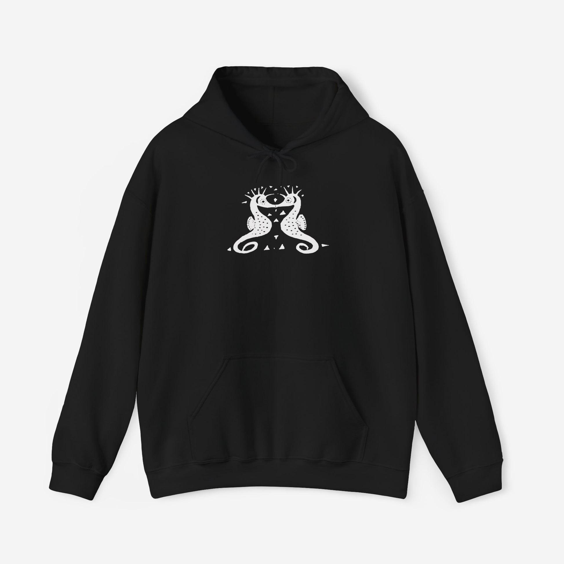 A black hoodie with a white, art noveau style print of two seahorses facing each other. The seahorses are mirror images of each other.