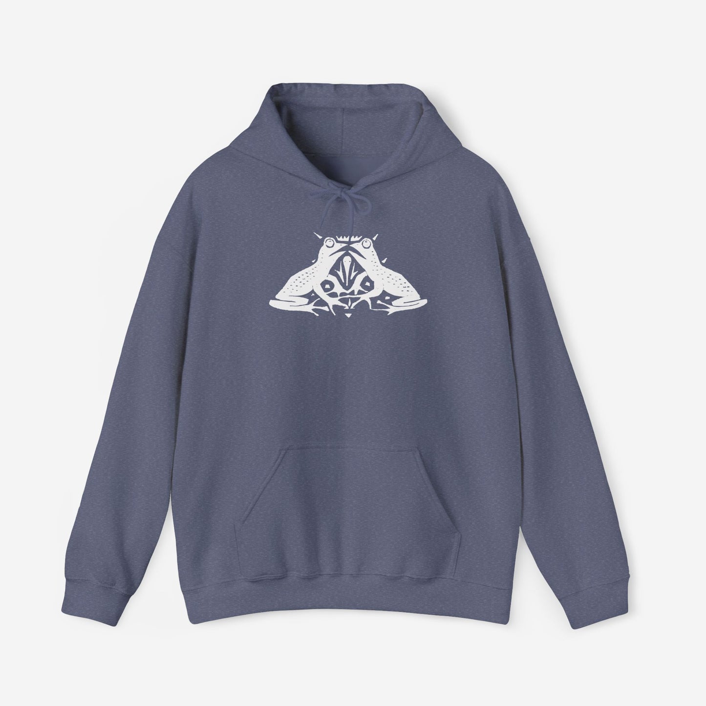 A heather navy hoodie with a white, art noveau style print of two frogs facing each other. The frogs are mirror images of each other.