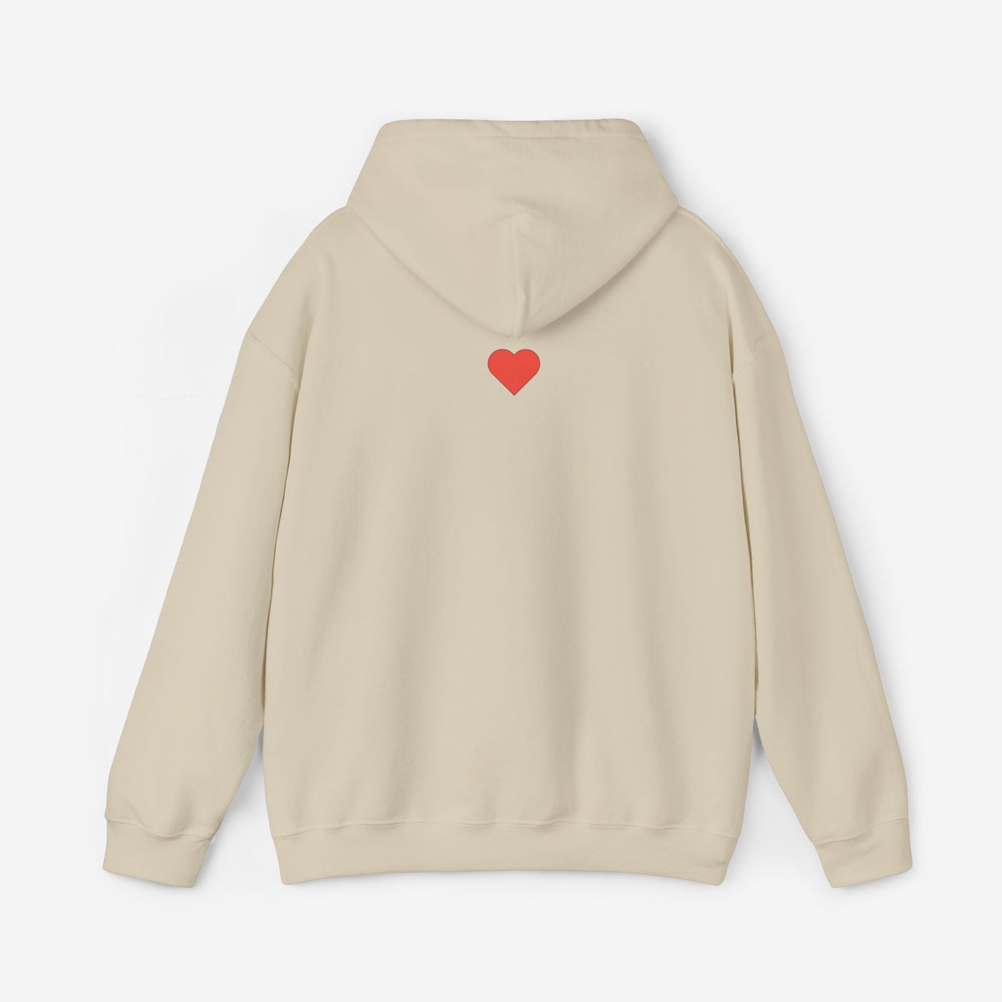 The back of a beige hoodie with a small heart printed in the middle, just below the hood.